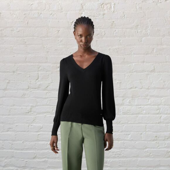 Cupio Ponderosa Green V-Neck Bishop Sleeve Sweater Soft Knit Pullover S - Picture 1 of 14